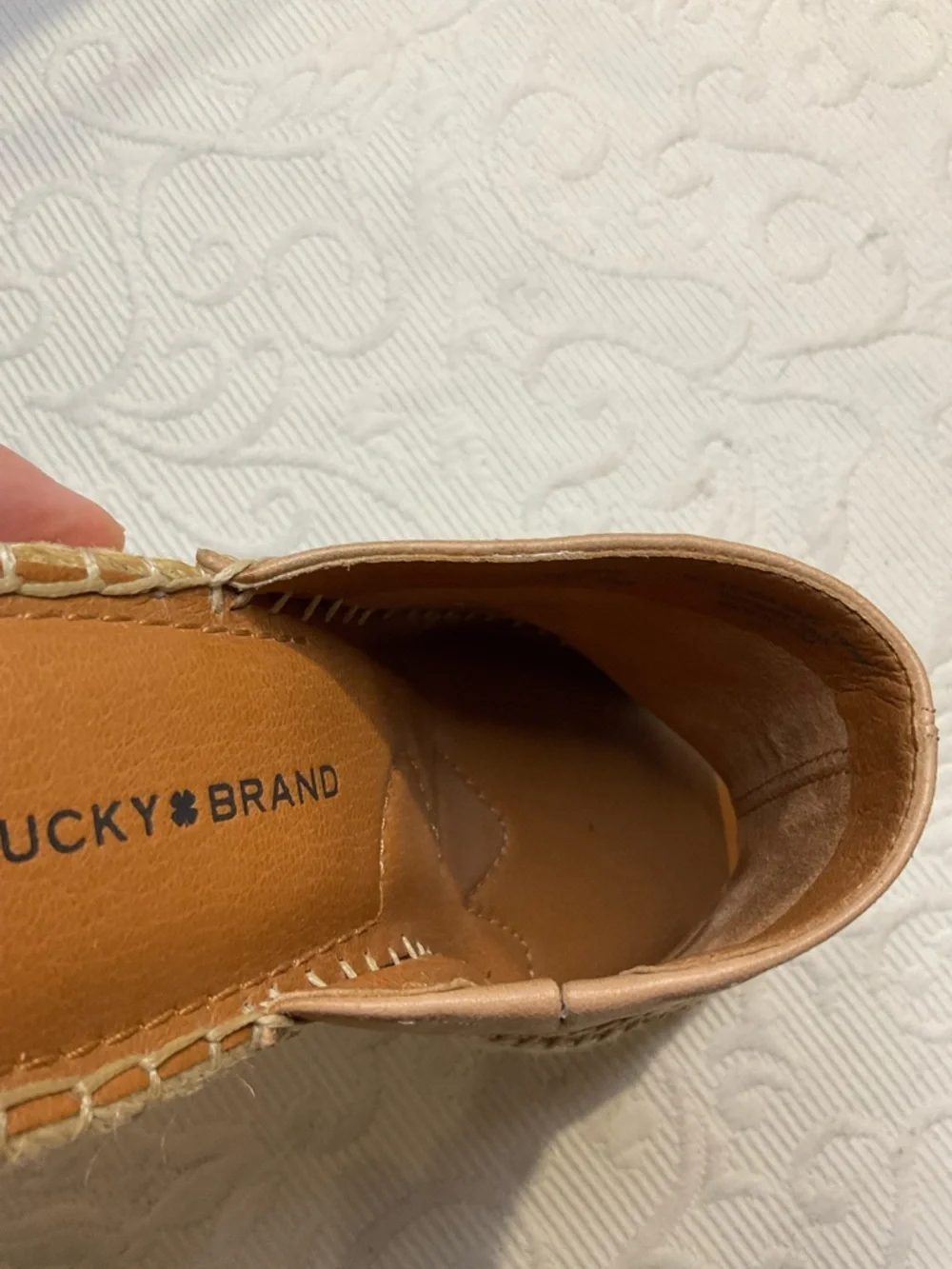 Lucky Brand Taupe Leather Espadrille Wedge Slides